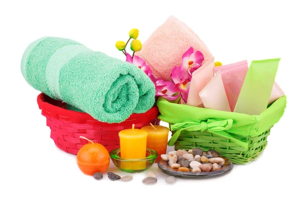 Spa Set Towels Creams Lotions Candles Stones Flowers Isolated White — Stock Photo, Image