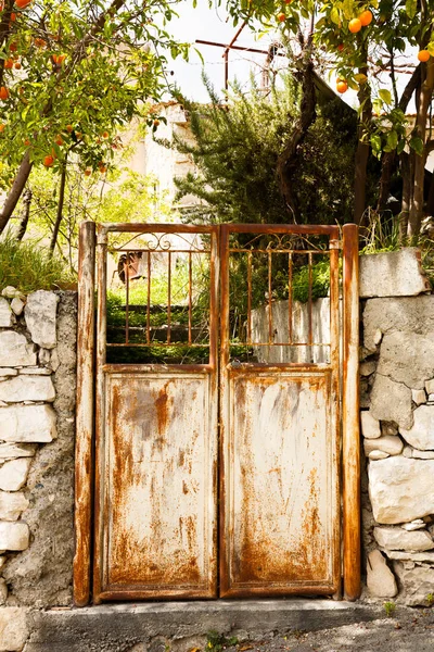 Altes Rostiges Tor Und Obstbäume Limnatis Dorf Zypern — Stockfoto