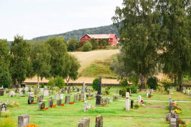 Heddal, Norveç-Ağustos 15, 2014 - old church yakınındaki Norveç köyde eski mezarlığı.
