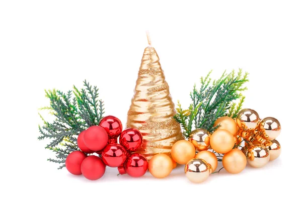 Christmas Candles Balls Fir Tree Branches Isolated White Background — Stock Photo, Image