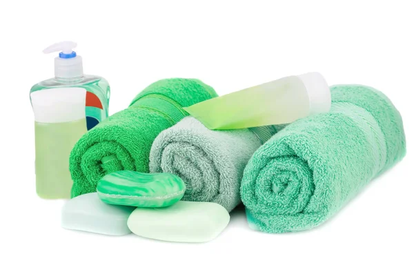 Wellness Set Mit Handtüchern Creme Lotion Und Seifen Isoliert Auf — Stockfoto