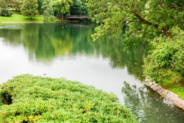 Stagno Alberi Ponte Con Persone Nel Parco Vigeland Oslo — Foto Stock