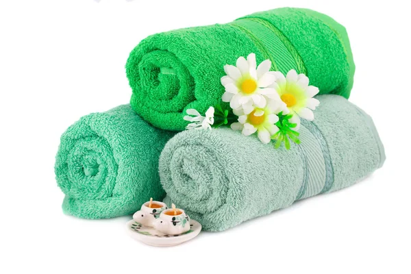 Spa Set Towels Candles Flowers Isolated White Background — Stock Photo, Image