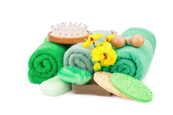 Spa Set Towels Soaps Sponges Massagers Orchid Flowers Isolated White — Stock Photo, Image