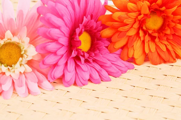 Colorful Fabric Daisies Bamboo Background Closeup Picture — Stock Photo, Image