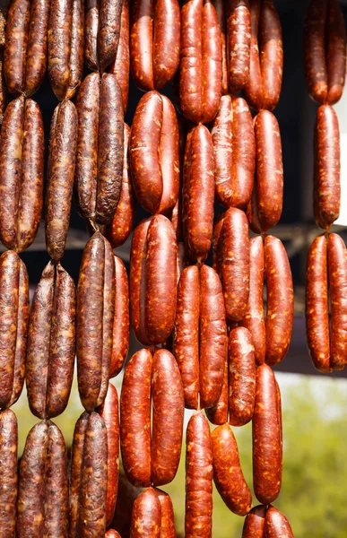 Homemade Delicious Sausages Hanging Line Market — Stock Photo, Image