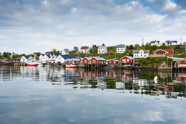 View Fisherman Village Sorvagen Typical Rorbu Houses Boats Lofoten Islands — Stock Photo, Image