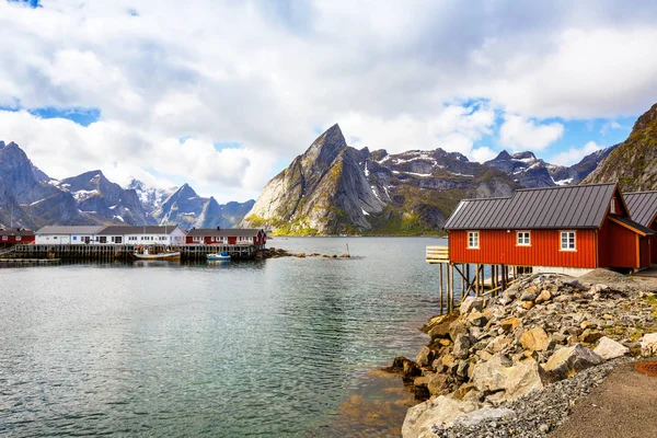 Landscape High Rocky Mountains Traditional Houses Fjord Hamnoya Norway — Stock Photo, Image
