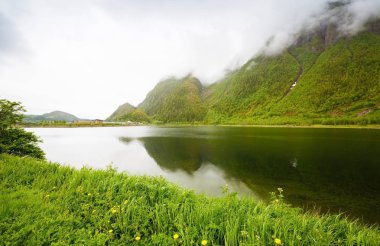 Yüksek dağlar ve fiyort Mosjoen, Norveç, sisli günde manzara.