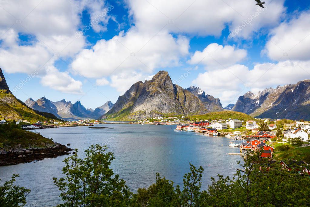 Top view of the fishing village Reine with typical rorbu houses in Lofoten islands, Norway.