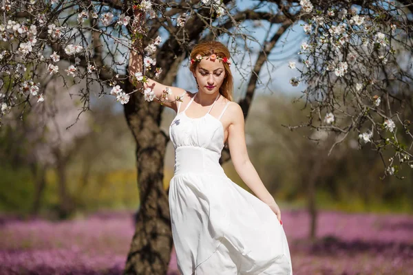 Jovem Bela Mulher Loira Romântica Vestido Branco Jardim Florescente — Fotografia de Stock