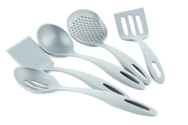Набір Сірого Пластикового Посуду Кухні Ізольовано Білому Тлі — стокове фото