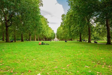 Londra, İngiltere - 8 Ağustos 2019 - Güneşli yaz gününde Green Park. Buckingham Sarayı yakınlarındaki yeşil çimlerde dinlenen insanlar..
