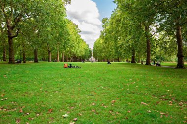 Londra, İngiltere - 8 Ağustos 2019 - Güneşli yaz gününde Green Park. Buckingham Sarayı yakınlarındaki yeşil çimlerde dinlenen insanlar..
