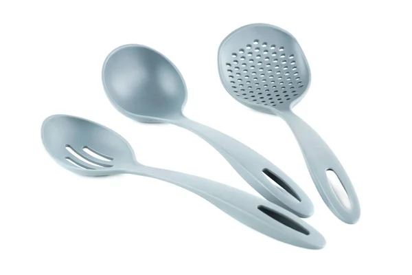 Set Utensilios Cocina Plástico Gris Aislados Sobre Fondo Blanco —  Fotos de Stock