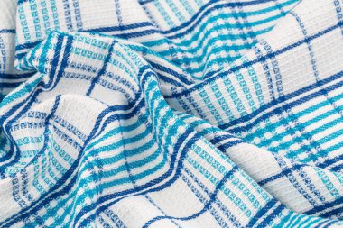 Arka plan olarak mavi ve beyaz mutfak havlusu dokusu, yatay resim.