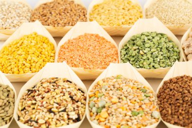 Bambu kaselerindeki farklı ineklerin koleksiyonu. Karabuğday, buğday, bezelye, nohut, kino ve mercimek..