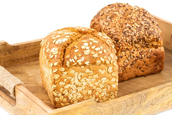 Wholegrain Bread Buns Seeds Oat Wooden Tray White Background — Stock Photo, Image