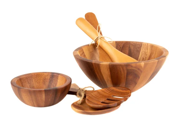 木制碗 勺子和叉子 白色背景隔离 — 图库照片