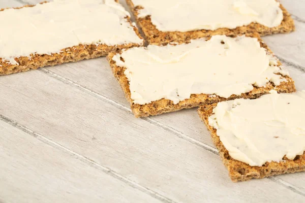 Sandwiches Con Mantequilla Sobre Fondo Madera Gris —  Fotos de Stock