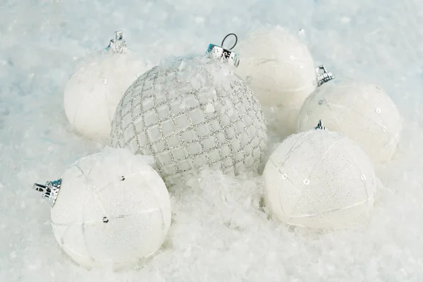 Christmas Balls Artificial Snow Background — Stock Photo, Image