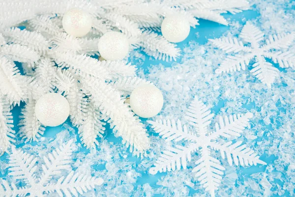 Christmas Decoration Balls Snowflakes White Fir Tree Branch Artificial Snow — Stock Photo, Image