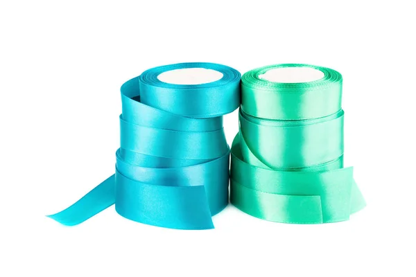 Green Blue Silk Ribbon Reels Isolated White Background — Stock Photo, Image