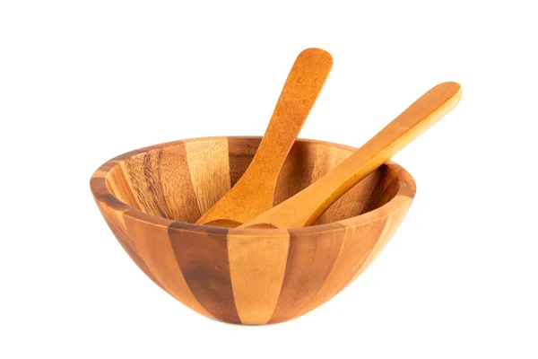 木制碗 勺子和叉子 白色背景隔离 — 图库照片