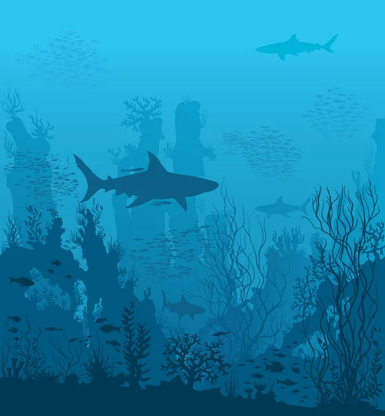 Blue underwater landscape with sharks and coral reefs — Stock Vector