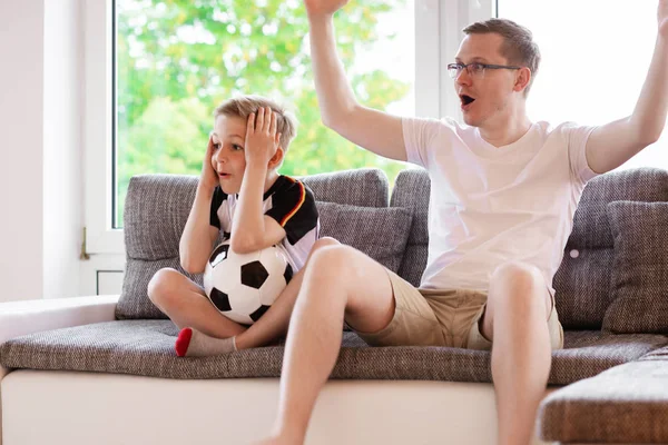 Young Father His Son Watching World Soccer Championship Ball Sofa — Stock Photo, Image