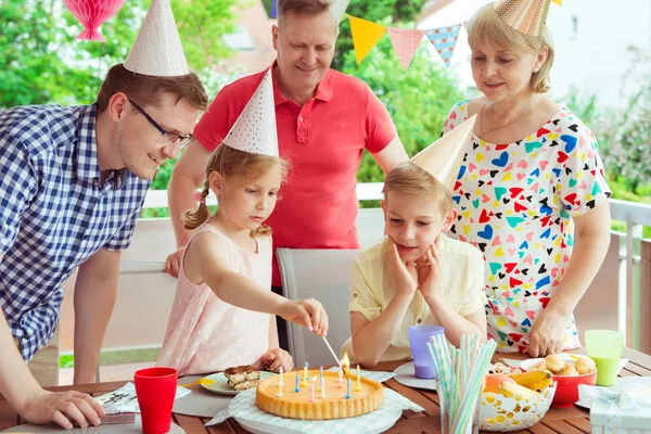 Colorful Portrait Happy Big Family Celebrate Birthday Grandparents Blows Candles — Stock Photo, Image