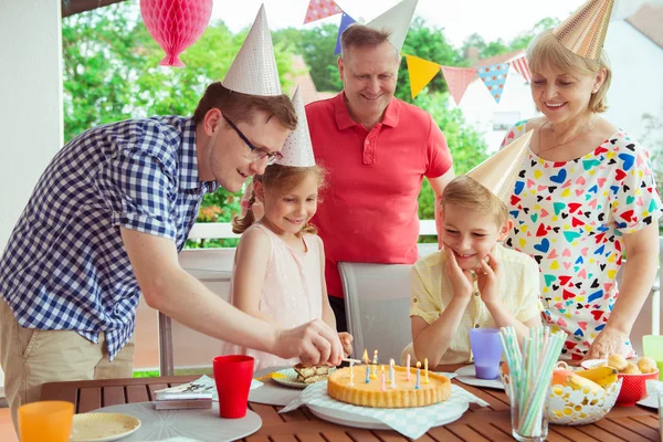Colorful Portrait Happy Big Family Celebrate Birthday Grandparents Blows Candles — Stock Photo, Image