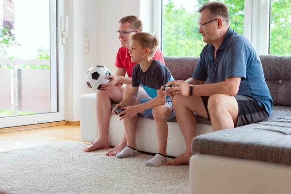 Grandparents Son Grandson Watching World Soccer Championship Emotionally Ill National — Stock Photo, Image