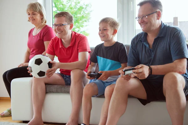 Grandparents Son Grandson Watching World Soccer Championship Emotionally Ill National — Stock Photo, Image