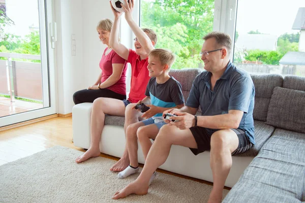 Grandparents Son Grandson Watching World Soccer Championship Emotionally Ill National — Stock Photo, Image