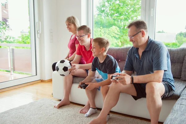 Grandparents Son Grandson Playing Computer Game Emotionally Home Sofa — Stock Photo, Image