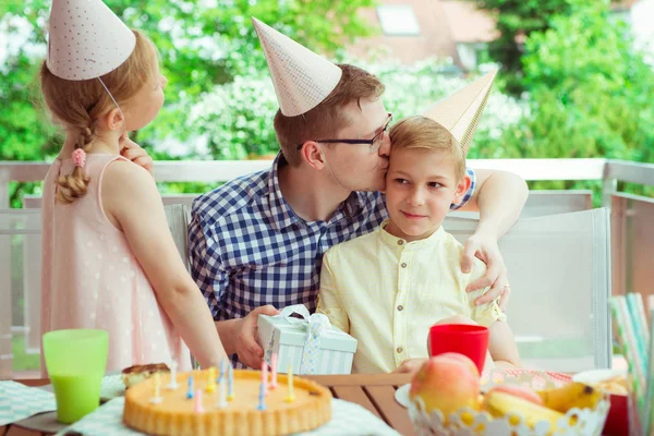 Portrait Happy Young Family Celebrate Birthday Colorful Decorated Terrace — Stock Photo, Image