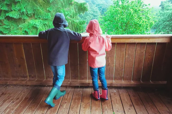 ゴム長靴で二人の幸せな子供が自然を探索公園 秋の天候で野生動物を探して — ストック写真