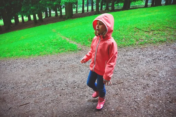 ゴムでの幸せな女の子ブーツ自然公園と秋の雨で野生動物を探しに散歩 — ストック写真