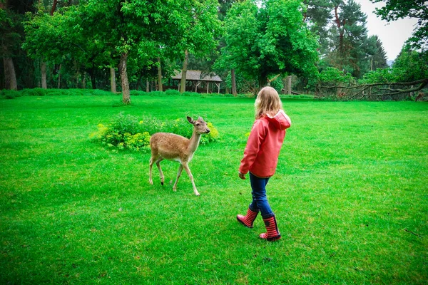 Happy Pretty Little Girl Rubber Boots Feeds Deers Nature Park — Stock Photo, Image