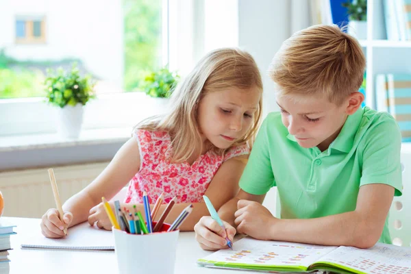 Cute Schoolchildren Came Back School Learning Table Classroom — Stock Photo, Image