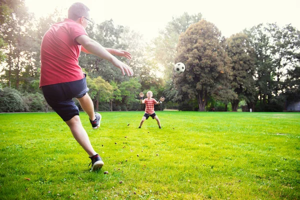 快乐的年轻父亲和他的小儿子在阳光明媚的绿色公园踢足球 — 图库照片