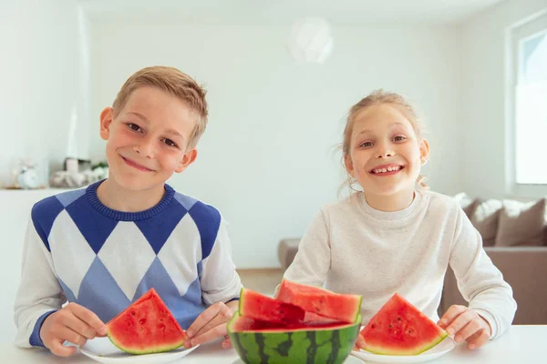 Duas crianças felizes comendo melancia doce e se divertindo em bri — Fotografia de Stock