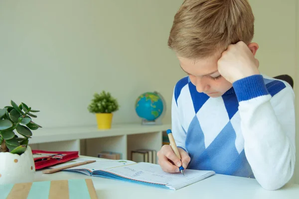 Intelligente jongen maakt huiswerk in zijn kamer — Stockfoto