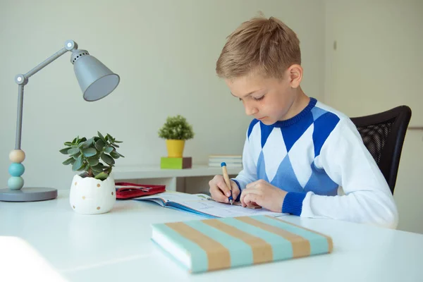 Inteligente chico hace la tarea en su habitación — Foto de Stock