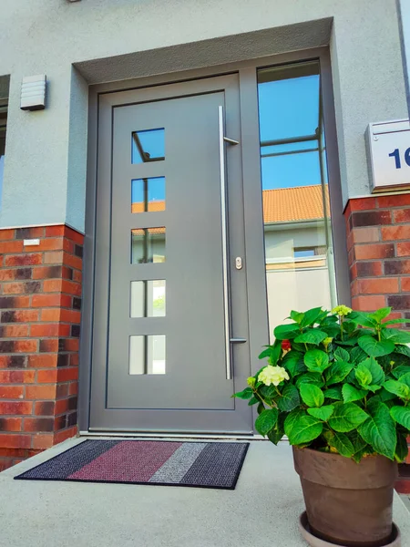 舗装歩道と美しい鉢植え 茂みや緑の草と現代の灰色の家への入り口のドア — ストック写真