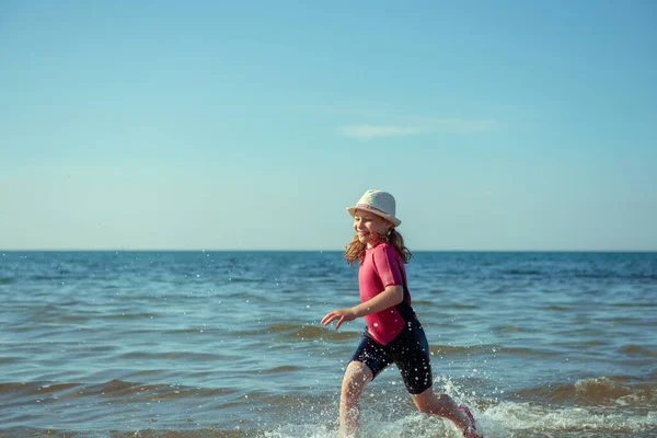 Happy Pretty Teen Girl Neoprene Swimingsuit Playing Running Baltic Sea — Stock Photo, Image