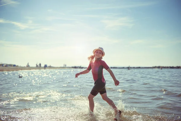 Happy Pretty Teen Girl Neoprene Swimingsuit Playing Running Baltic Sea — Stock Photo, Image