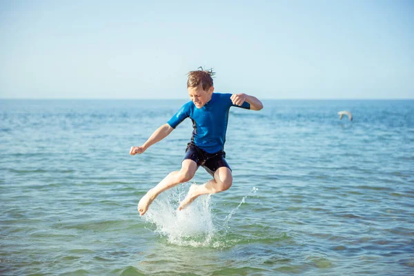 Happy Teen Child Boy Playing Jumping Neoprene Suit Baltic Sea — Stock Photo, Image