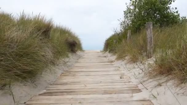 Bewegendes 4k-Video auf einem Holzsteg zu einem Meerblick mit weißem Sand und Strandkorb an der Ostsee in Deutschland